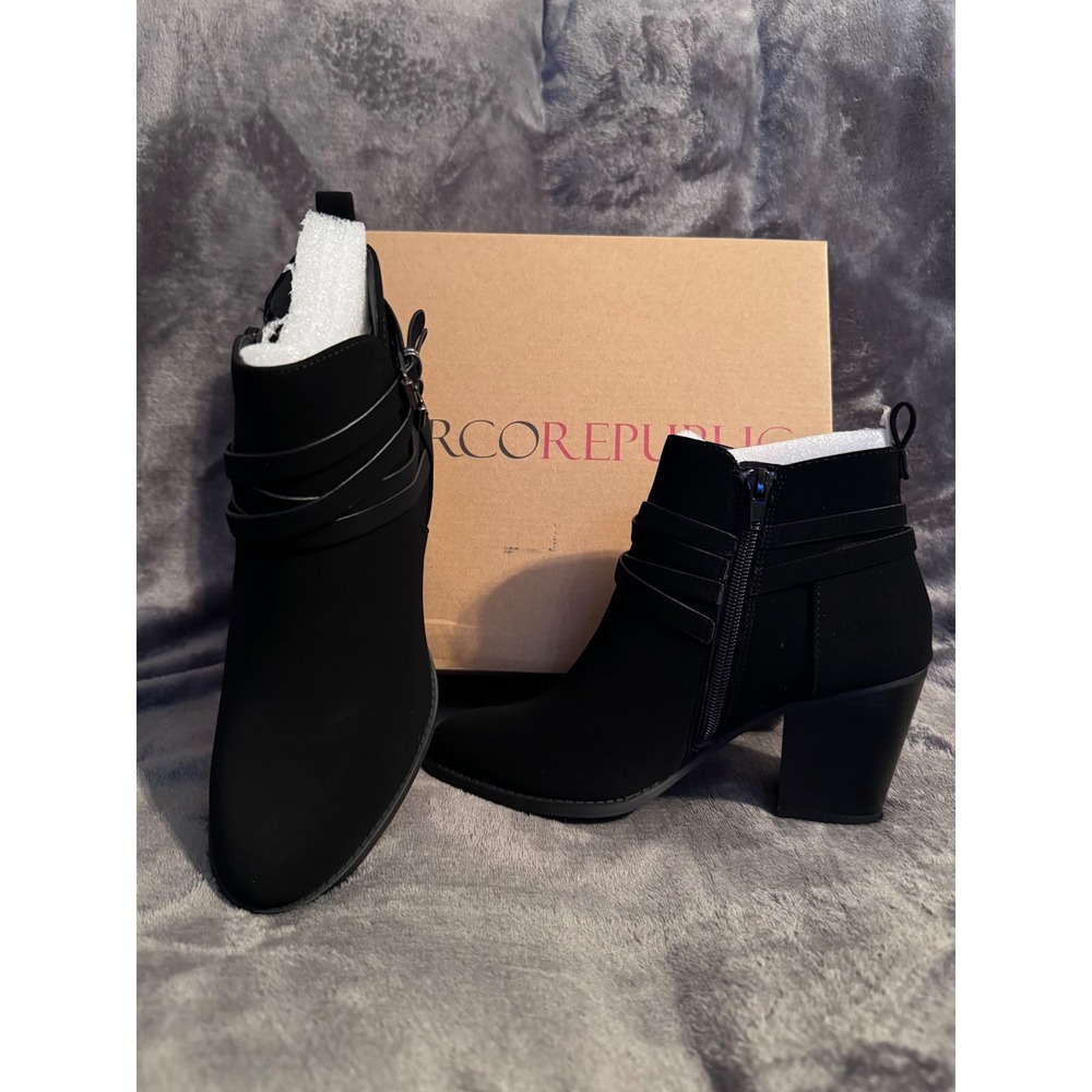 Marco Republic Switzerland Black Ankle Booties Block Heel Buckle Straps Size 6